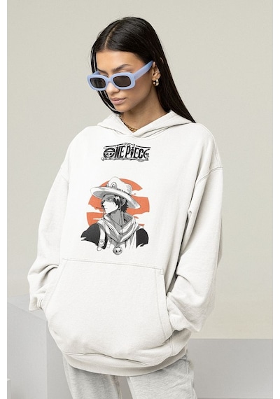 One Piece Baskılı Unisex Oversize Anime Hoodie Beyaz