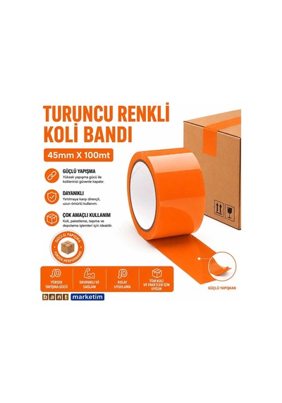Turuncu Koli Bandı 45mmx100m Renkli Koli Bantı Turuncu Renk Hotmelt Yapışkanlı Bant Marketim 1