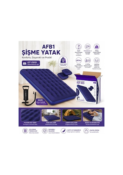 Afb1 Çift Kişilik Şişme Yatak Dahili Pompalı 203x152x22cm Kamp & Ev Kullanımı İçin Havalı Şişirme Yatak Yastık Ve Pompa Dahil Lacivert Afb1 Çift Kişilik Şişme Yatak Dahili Pompalı 203x152x22cm Kamp & Ev Kullanımı İçin Havalı Şişirme Yatak Yastık Ve Pompa Dahil Lacivert