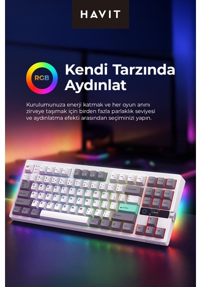 Havit Gamenote Kb909l Hot-swap Gaming Mekanik Klavye - Tft Ekran, 3 Mod Bt,2.4g,kablolu ,light Blue Switch