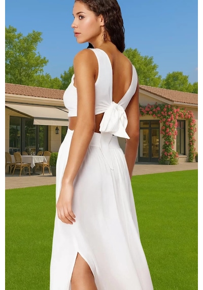 Frm Ekru Viskoz Maxi Elbise Cut Out Detaylı Plaj Elbisesi Dayanıklı M