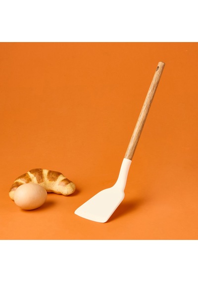 Aroww Ahşap Saplı Silikon Geniş Spatula - Krem / Kahverengi Çok Renkli
