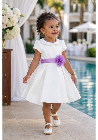 Babyhola Kız Çocuk Sade Beyaz Saten Abiye Elbise Balo Elbisesi 7152 Mor