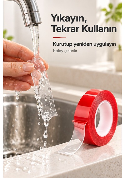 Çok Amaçlı Çift Taraflı Şeffaf Bant 2 Metre X 2 Cm Yıkanabilir