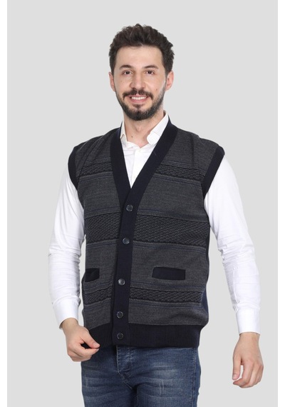 Kzc Tekstil Erkek Baba Orta Yaş Ve Üzeri Triko Örgü Akrilik Kışlık Kalın Dokulu Düğmeli Cepli Baba Yelek Lacivert