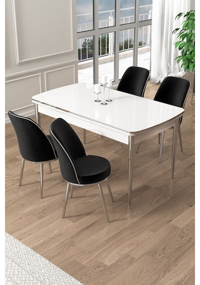 Canisa Pale Serisi 80x132 Açılabilir Beyaz Mutfak Masa Takımı 4 Siyah Sandalye Krom Detay Masa Beyaz Sandalye Siyah Krom Ayak Canisa Pale Serisi 80x132 Açılabilir Beyaz Mutfak Masa Takımı 4 Siyah Sandalye Krom Detay Masa Beyaz Sandalye Siyah Krom Ayak