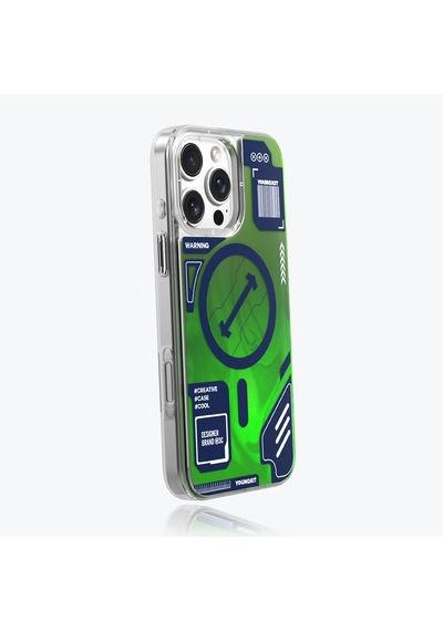 Apple iPhone 16 Pro Max Uyumlu Kılıf Magsafe Özellikli Parlak Kumlu Sıvılı Tasarımlı Galaxy Fantasy Serisi Yeşil