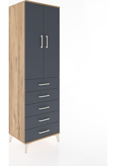 Hyperion Dolap Tek Raflı 5 Çekmeceli Tek Askılı 60x44x195 Çam... Çam
