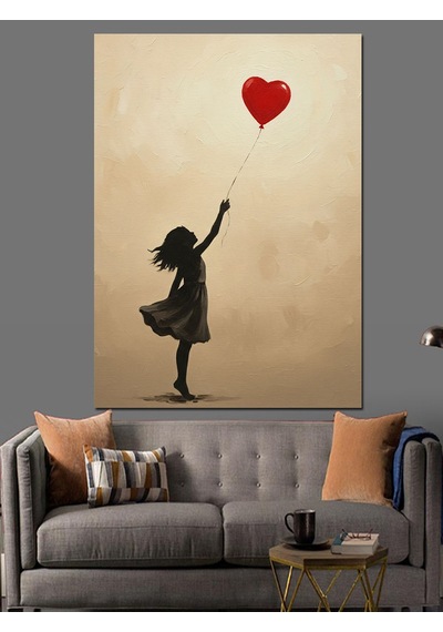 Kırmızı Kalpli Uçan Balon Dekoratif Kanvas - Mdf Ahşap Tablo