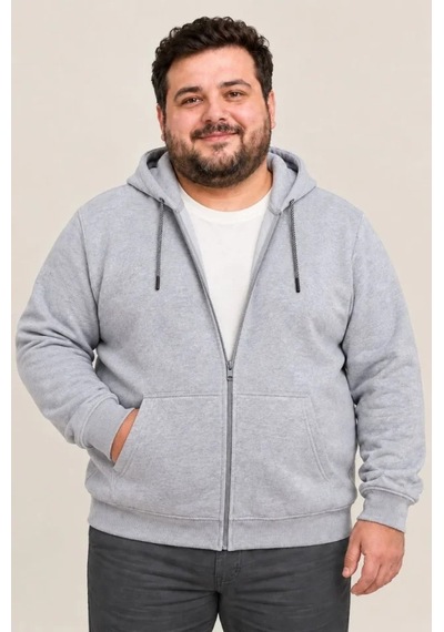 Erkek Battal Büyük Beden Üç İplik İçi Şardonlu Kapüşonlu Tam Fermuarlı Kışlık Sweatshirt - Gri