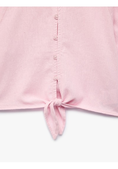 Koton Kısa Kollu V Yaka Keten Ve Viskon Karışımlı Bağlamalı Bluz Pembe 6skg60016aw Gül