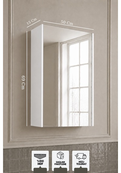 Mimoza 50 Cm, Üst Modül Banyo Dolabı, Tek Kapaklı Aynalı Dolap, Mdf Beyaz