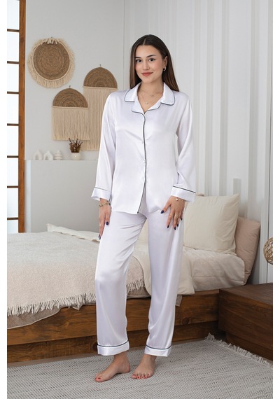 Nbb Kadın Beyaz Saten Pijama Takımı Beyaz