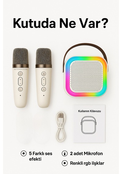 Mikrofonlu Bluetooth Karaoke Hoparlör Rgb Led Işık 5 Ses Efekti Taşınabilir Ses Bombası