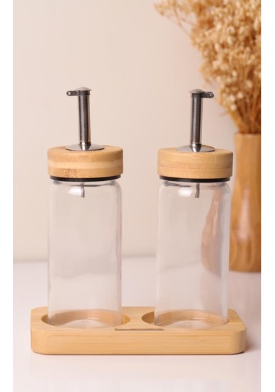 Bambu Kapaklı Cam Yağlık & Sirkelik Seti 2'li Standlı 200ml Şeffaf