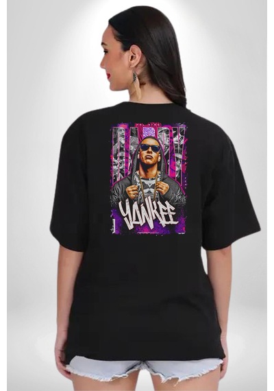 Daddy Yankee Müzik Star Pamuklu Kadın Erkek Oversize Sırt Dijital Baskılı Siyah T-shirt Siyah