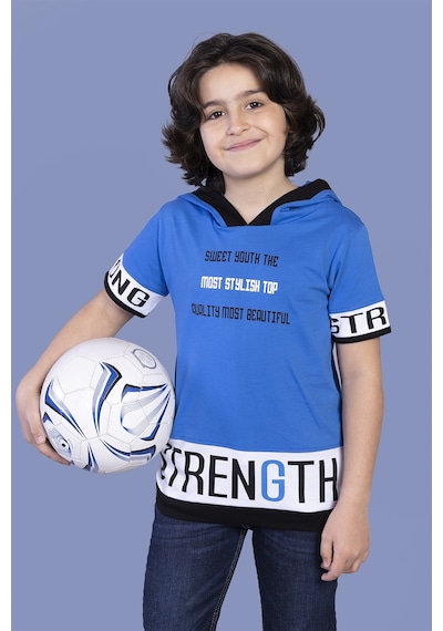 Toontoy Kids Toontoy Erkek Çocuk Kapüşonlu Garni Detaylı Baskılı Tişört Saks