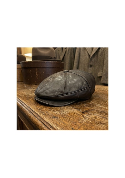 Emybox %100 Hakiki Deri 8 Köşe Kasket Şapka - Peaky Blinders Tarzı Lastikli Erkek Şapka Acı Kahve
