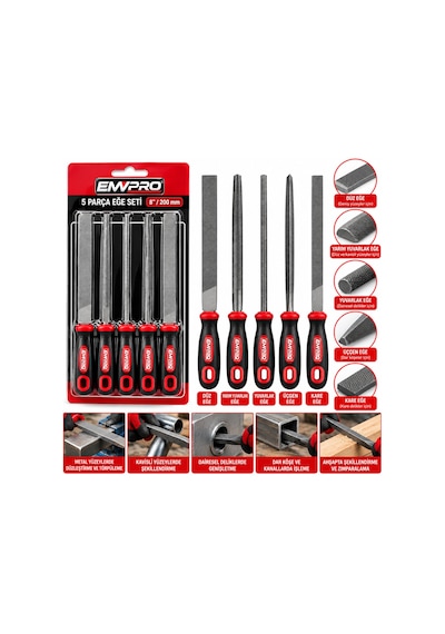 5pcs Çelik Eğe Seti Balık Sırtı - Üçgen - Kare - Yuvarlak - Düz Geniş Eğe 20cm+pls.sap 10cm 30cm