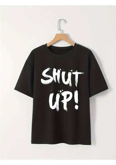 Kadın Tişört Shut Up Baskılı Kısa Kol Bisiklet Yaka T-shirt - Siyah