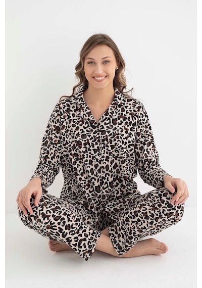Senfoni Kadın Gömlek Yaka Uzun Kol Leopar Desenli Pamuklu Pijama Takımı 6007 -1 Adet 001