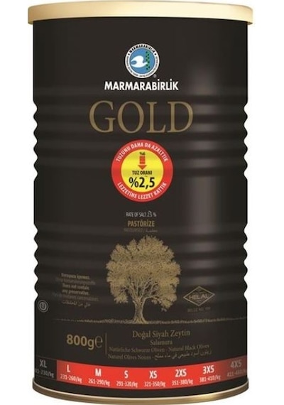 Marmarabirlik Gold Doğal Az Tuzlu Salamura Mega 201-230 XL Siyah Zeytin Teneke 800 G