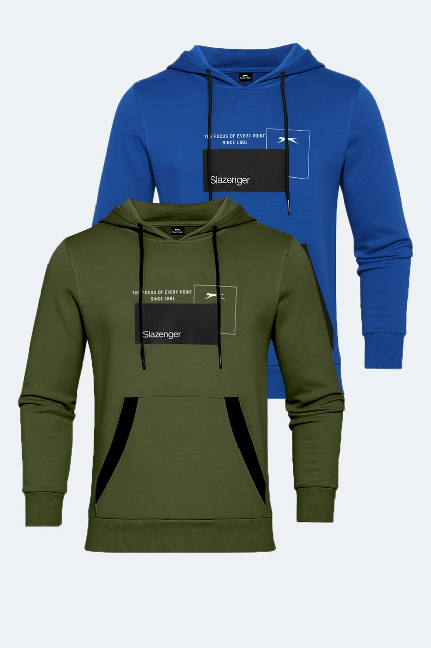 Slazenger Vanda 2 Li Set Erkek Kanguru Cepli Kapüşonlu Haki - Mavi Sweatshırt Haki - Mavi