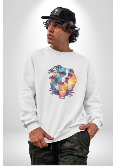 Tatil Köpek Soğuk Kokteyl İçeçek Unisex Beyaz Baskılı Sweatshirt Beyaz