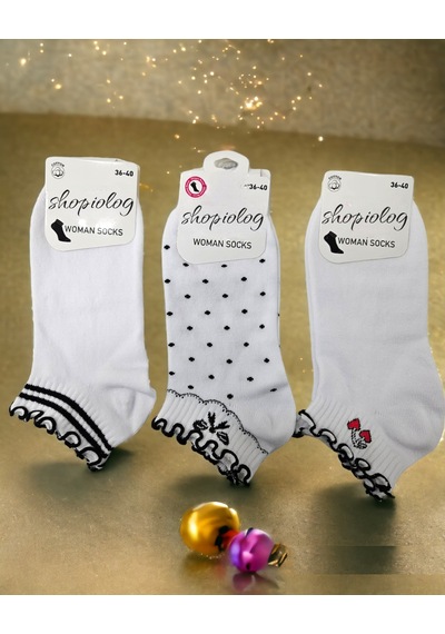 Shopiolog Sevimli Marul Desenli Bilek Çorabı 3'lü Paket Siyah-beyaz Beyaz - Siyah