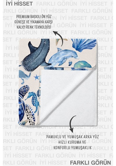 Deniz Kabuğu Canlıları Plaj Havlusu - Marine Mavi Beyaz Havuz Hızlı Kuruyan Mikrofiber Havlu Sedef Akasya
