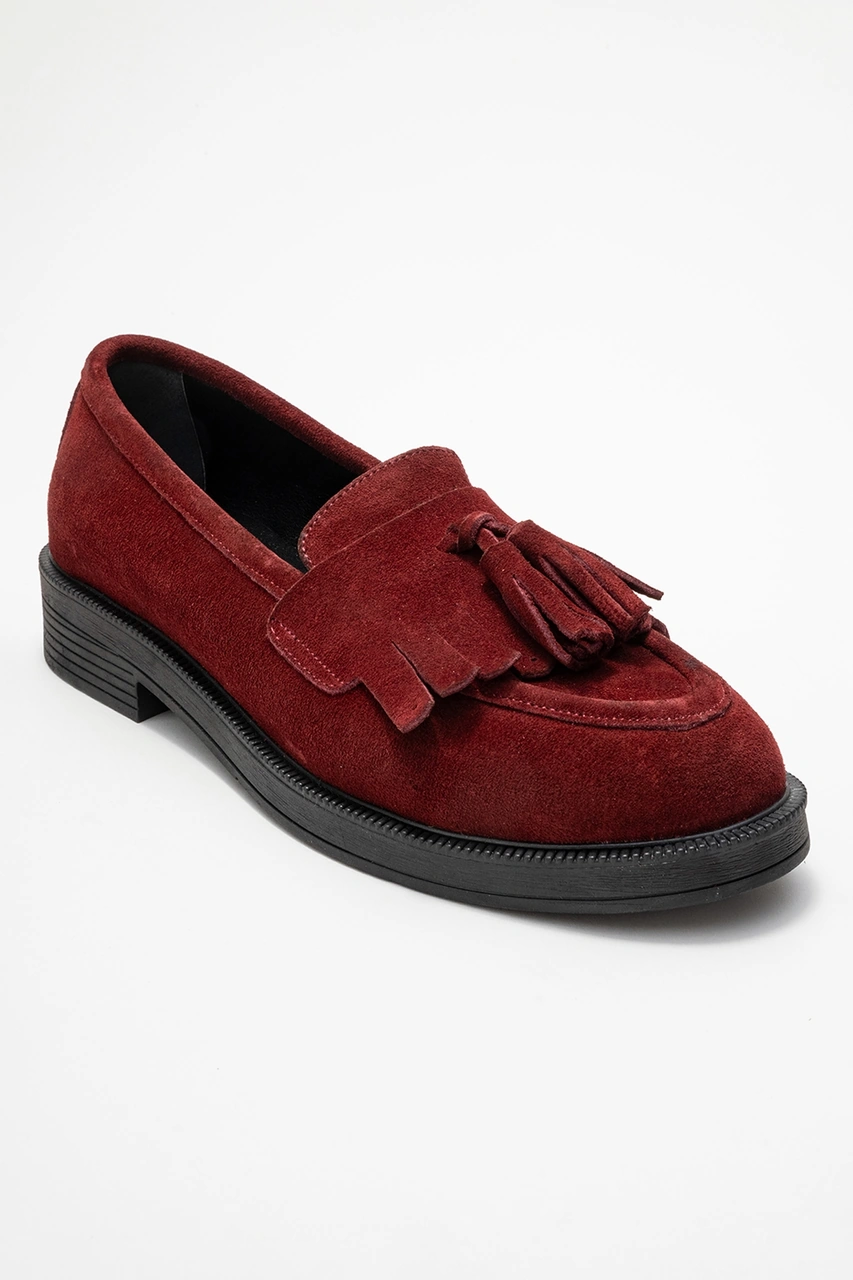 Luvishoes Luvi Shoes Milina Bordo Süet Püsküllü Hakiki Deri Kadın Loafer Ayakkabı Bordo