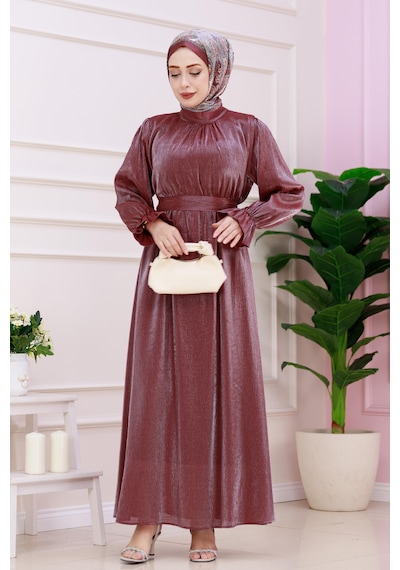 Kolu Volanlı Simli Alya Abiye-bordo-4870