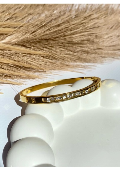 Altın / Gold Renk Zirkon Taşlı 316l Çelik Kelepçe Bileklik Gold