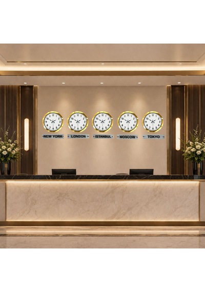 İhtişam Gold 36 Cm Metal 5 Li Tabelalı Dünya Saatleri Otel Ve Resepsiyon Saati