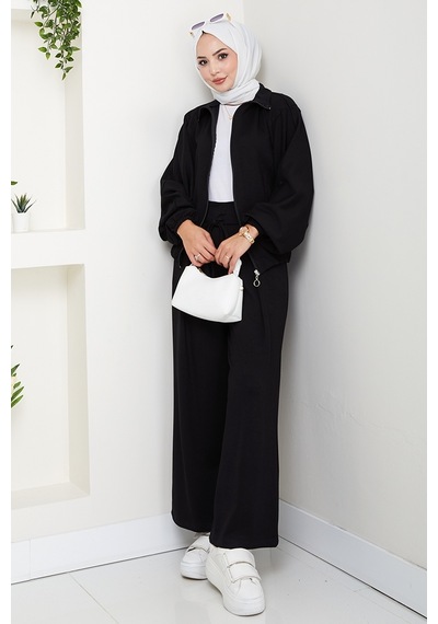 Bestenur Fermuarlı Oversize Takım 1595 - Siyah Siyah