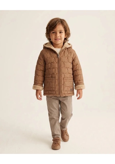 Erkek Çocuk Kahverengi Ayıcık Desenli Kapüşonlu Mont