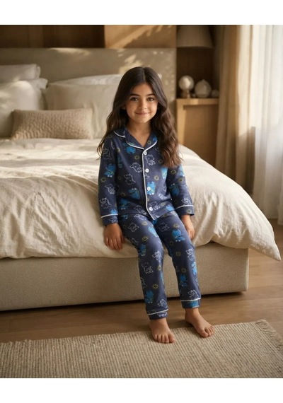 Genel Markalar Mavi Dinosaur Baskılı Pamuklu Kız Çocuk Pijama Takımı Mevsimlik