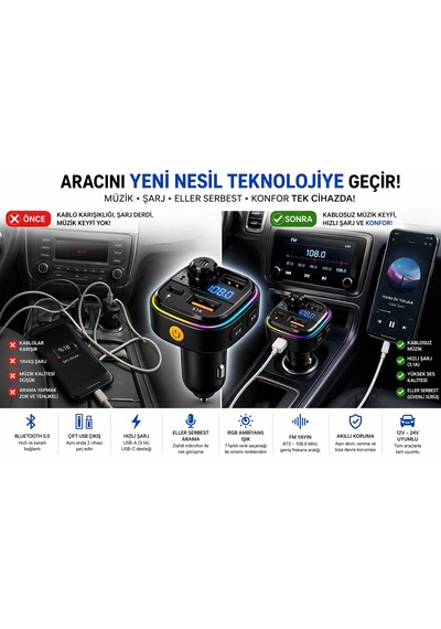 Araç İçi Bluetooth Fm Transmitter Usb-c Hızlı Şarj Çift Usb Led Ekran 12-24v 12w