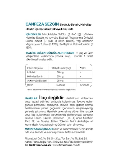Canfeza Sezgin Biotin 5000 µg L-Sistein & Hidrolize Elastin At Kuyruğu Ekstresi 60 Tablet