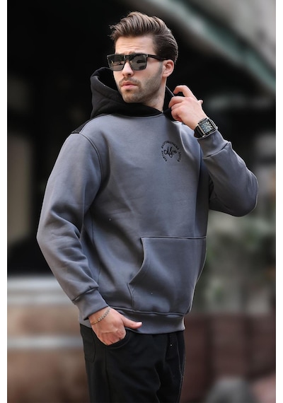 Madmext Füme Kapüşonlu Renk Bloklu Nakış Detaylı Erkek Sweatshirt 7088 Füme