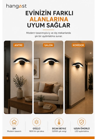 Led Yarım Ay Duvar Apliği 10w 1800 Lm 3200k Sıcak Beyaz Sensörsüz Modern Duvar Lambası Siyah