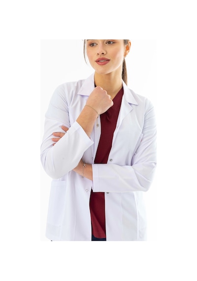 Spor Yaka Kulplu Kadın Doktor Önlüğü Alpaka Kumaş Ceket Boy Bko005 Beyaz