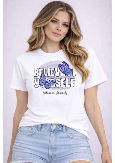 Herkesemoda Believen Yourself Baskı Detaylı Basic T-shirt Beyaz