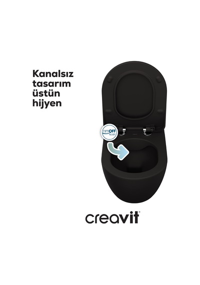 Creavit Free Rim-off Duroplast Yavaş Kapanan Klozet Kapaklı Kömür Karası Set Beyaz