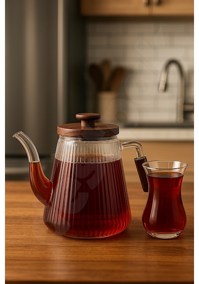 Akasya Kapaklı Ve Saplı Cam Demlik - Isıya Dayanıklı - Cam Demlikli - 3 Parça - 1 Litre Cam