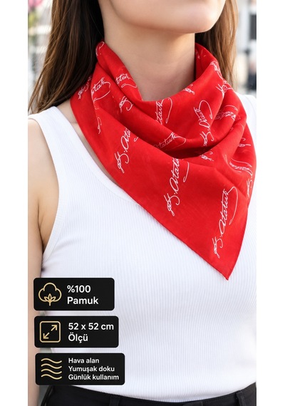 Herşeynota Atatürk İmza Desenli Kırmızı %100 Pamuk Fular Bandana 52x52 Cm Okul, Etkinlik, Tören, Gösteri Çok Renkli