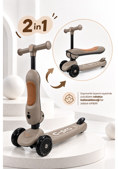 Casual C-pro 2'si 1 Arada Katlanabilir Çocuk Scooterı Kahverengi