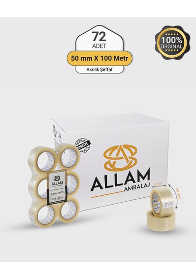 1 Koli 72 Adet Şeffaf Koli Bandı 50mm X 100mt Güçlü Yapışkan Paketleme