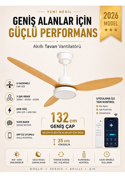 132 Cm Akıllı Tavan Vantilatörü Kumandalı & App Kontrollü 6 Kademeli Sessiz Led Tavan Fanı 3 Işık Modlu Yaz/kış Modu