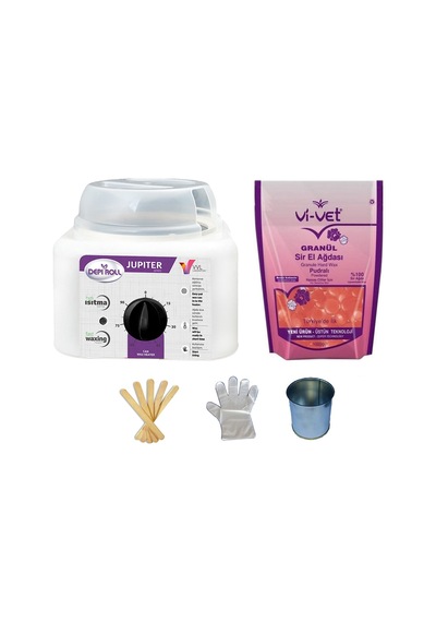 Depi Roll Jupiter Ağda Makinesi + Vi-Vet Granül Pudralı Ağda 1 KG + Cezve + Spatula 5'li + Eldiven